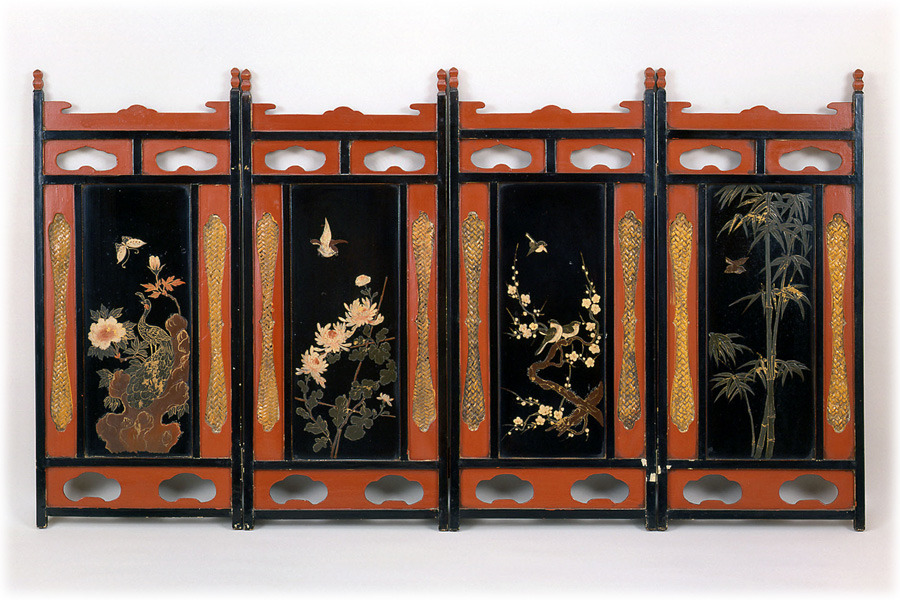 黒漆花鳥漆絵密陀絵屏風