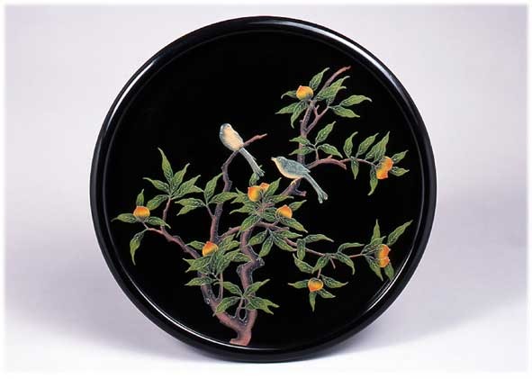 黒漆桃鳥堆錦盆