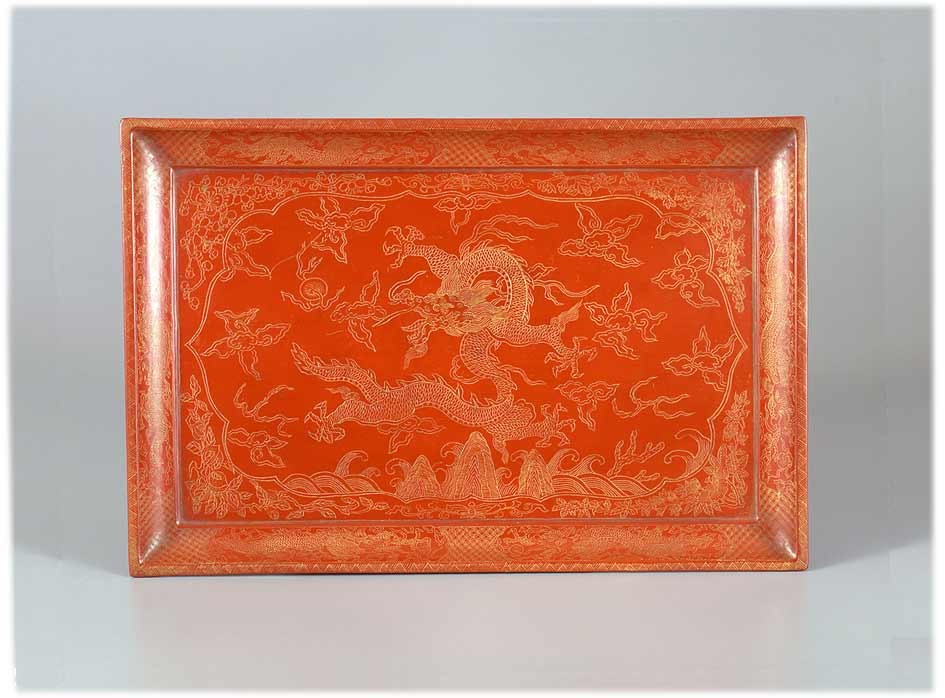 朱漆玉取龍沈金長方盆