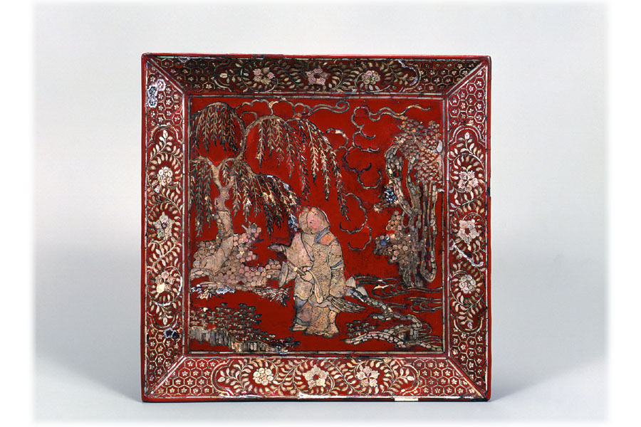 朱漆寒山拾得螺鈿四方盆